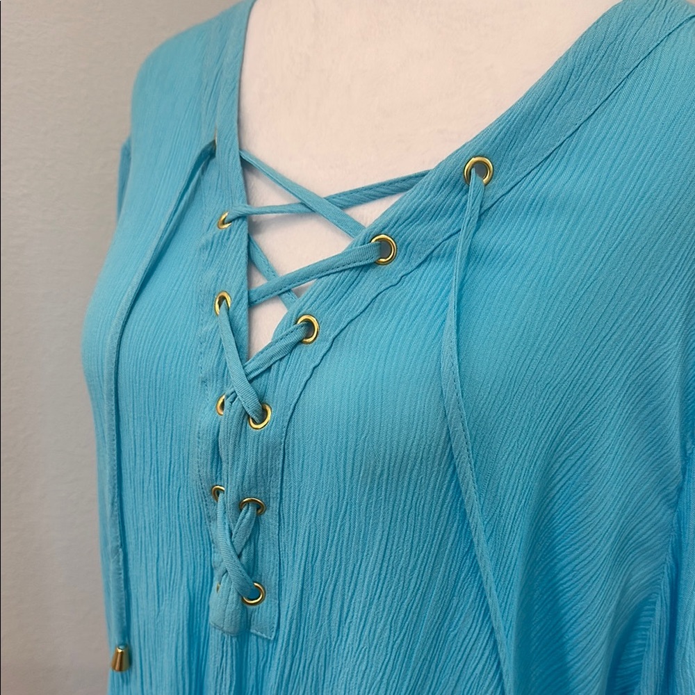 INC International Concepts Turquoise Lace-Up Blouse - Picture 9 of 10